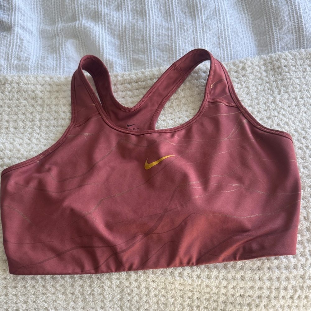 Nike Women's Burgundy Sports Bra with Yellow Swoosh